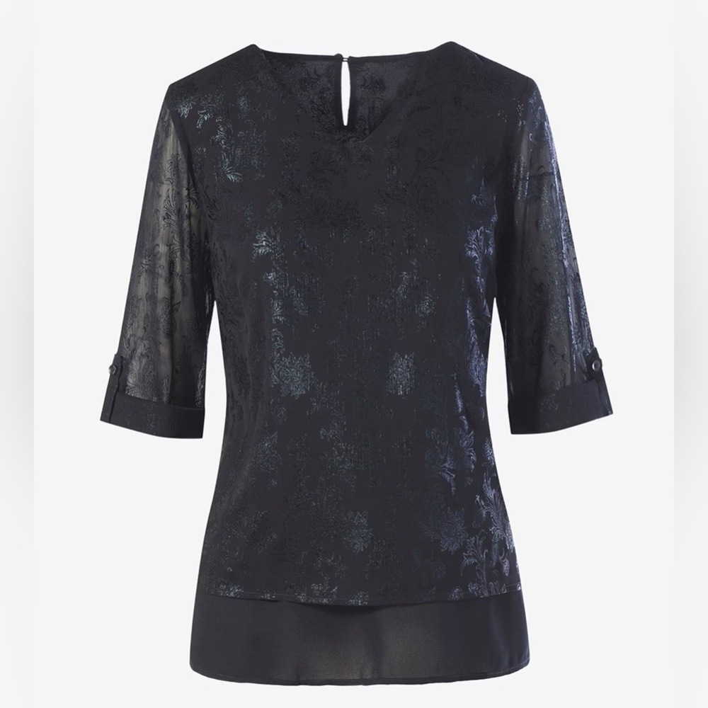 CHICOS NWT Shimmer Jacquard Layered Top 3/4 Sleeve Black Size1
